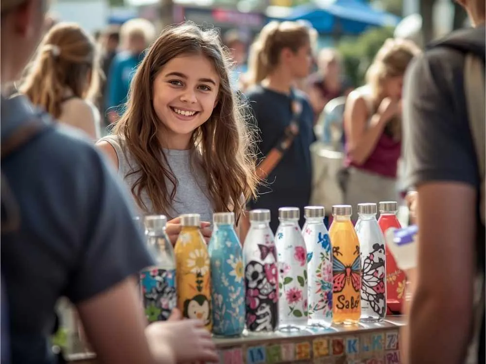 Selling Decorated Water Bottles at a School Market Day