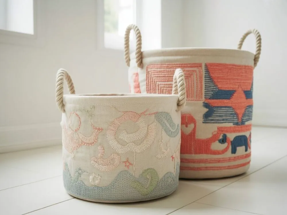 Embroidered fabric basket
