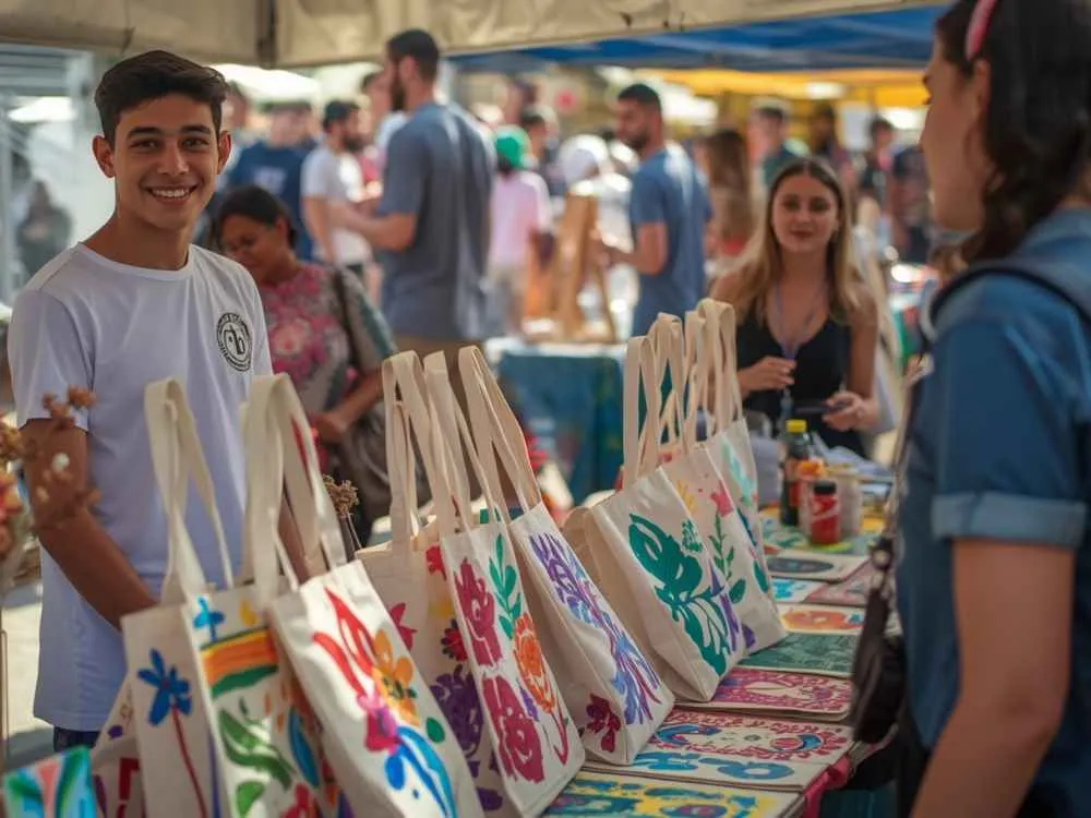 Selling Painted Tote Bags at a School Market Day