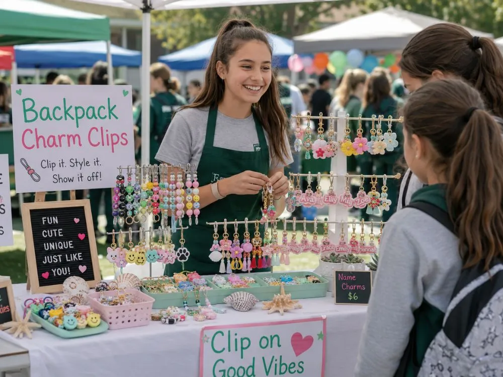 Selling Backpack Charm Clips at School Market Day
