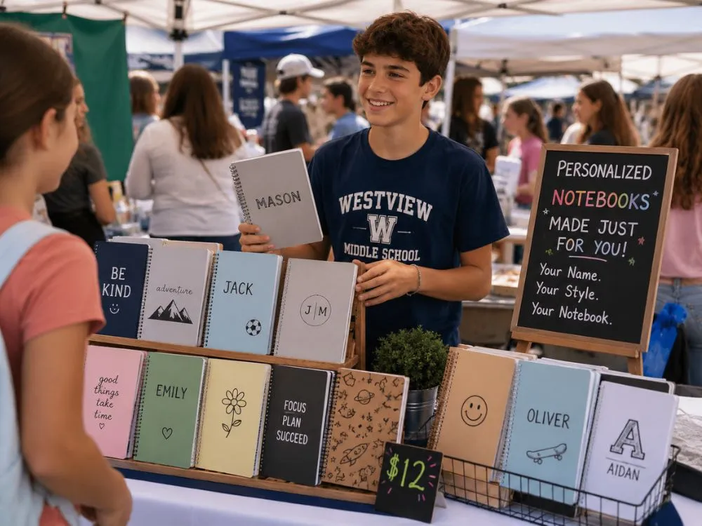 Selling Personalized Notebooks at a School Market Day