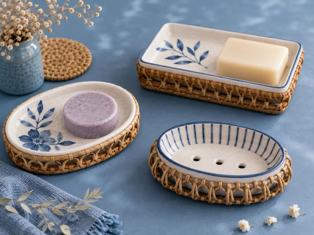 Rattan and Ceramic Combination Soap Dishes