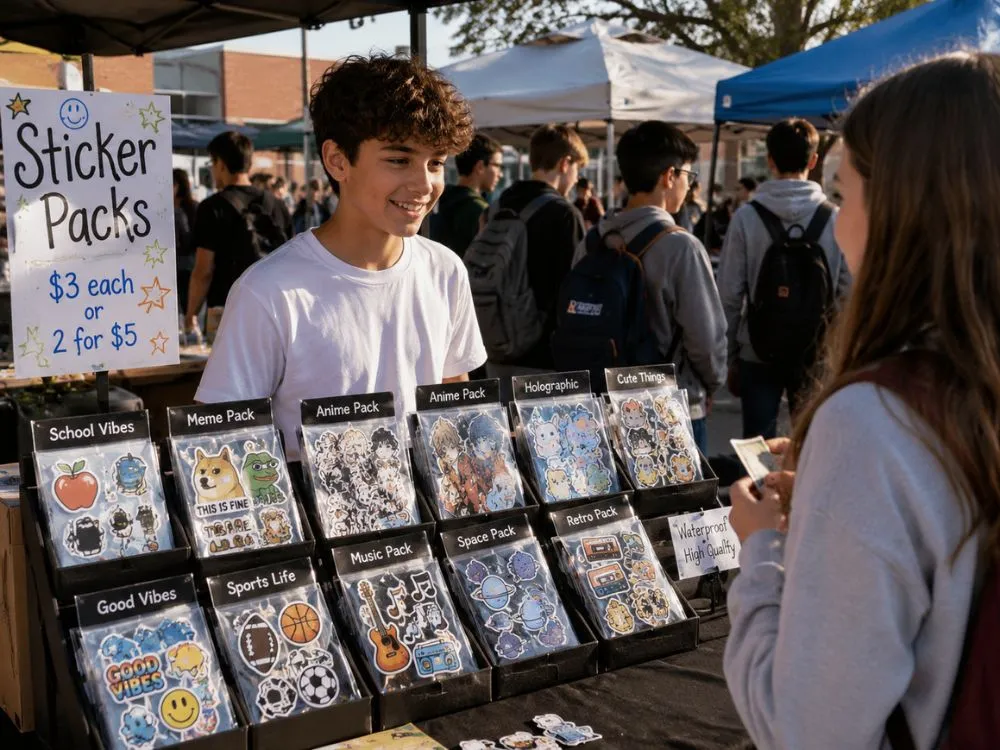 Selling Sticker Packs at a School Market Day