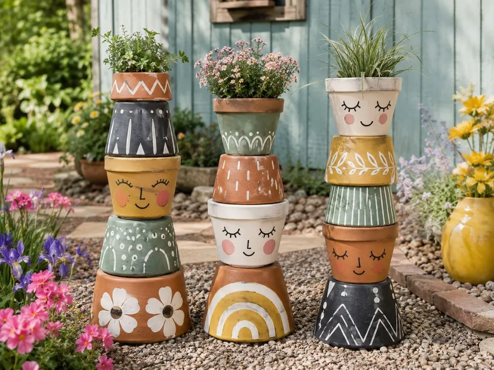 Painted Terracotta Pot Totems